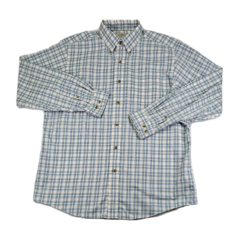 LL Bean Traditional Fit Men Large Green Blue Plaid Button Up Shirt 503307 Cotton